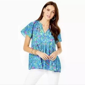 Lilly Pulitzer NWT Zadie Short Sleeve Top Seabreeze Blue-Hey Gull Friend SMALL